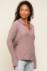 Mauve Ribbed Knit Collared Long Sleeve Top