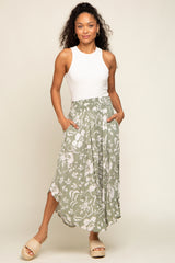 Light Olive Tropical Floral Smocked Waist Round Hem Midi Skirt