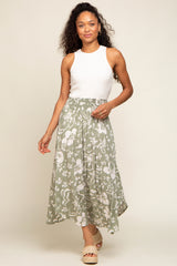 Light Olive Tropical Floral Smocked Waist Round Hem Midi Skirt