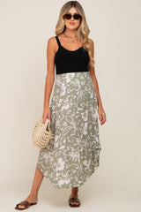 Light Olive Tropical Floral Smocked Waist Round Hem Maternity Midi Skirt