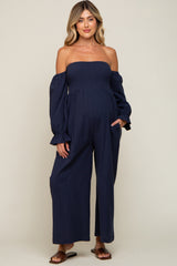 Navy Linen Smocked Off Shoulder Wide Leg Maternity Jumpsuit