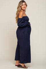 Navy Linen Smocked Off Shoulder Wide Leg Maternity Jumpsuit