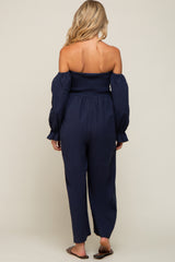 Navy Linen Smocked Off Shoulder Wide Leg Maternity Jumpsuit