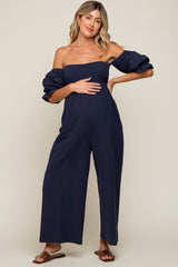 Navy Linen Smocked Off Shoulder Wide Leg Maternity Jumpsuit