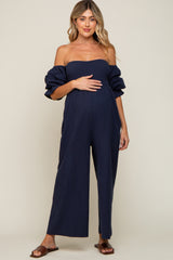 Navy Linen Smocked Off Shoulder Wide Leg Maternity Jumpsuit