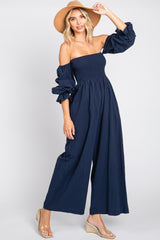 Navy Linen Smocked Off Shoulder Wide Leg Jumpsuit