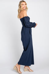 Navy Linen Smocked Off Shoulder Wide Leg Jumpsuit