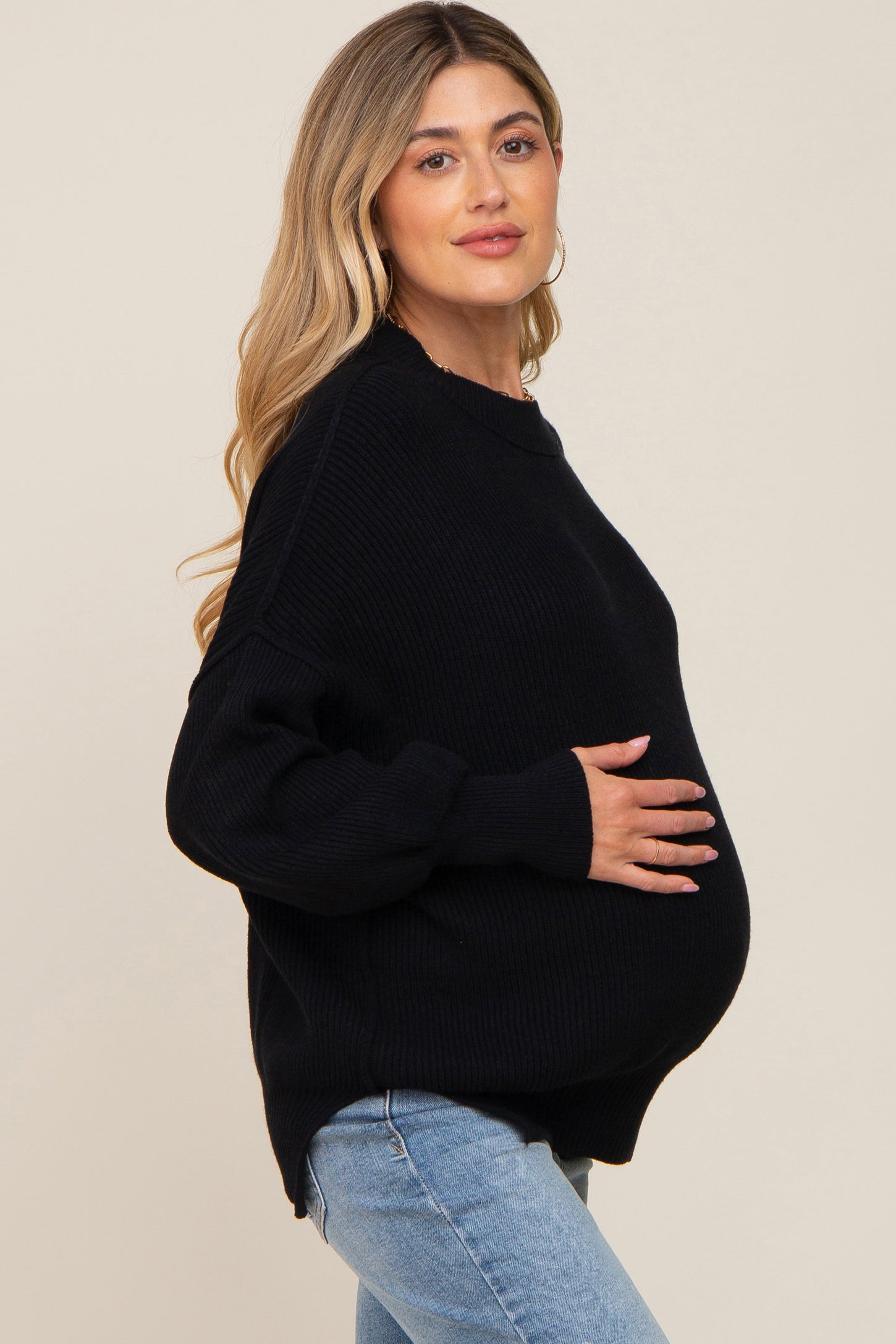 Black Knit Mock Neck Maternity Sweater