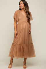 Mocha Dotted Tulle Smocked Maternity Midi Dress