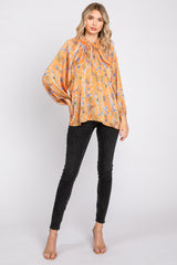 Orange Floral Ruffle Neck Puff 3/4 Sleeve Satin Top