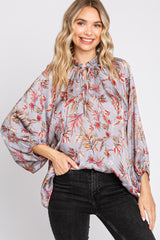 Grey Floral Ruffle Neck Puff 3/4 Sleeve Satin Top