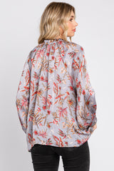 Grey Floral Ruffle Neck Puff 3/4 Sleeve Satin Top