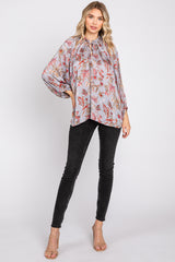 Grey Floral Ruffle Neck Puff 3/4 Sleeve Satin Top