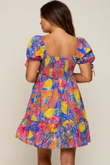 Blue Fruit Print Sweetheart Neck Maternity Dress