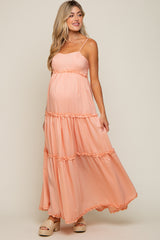 Peach Square Neck Ruffle Tiered Maternity Maxi Dress