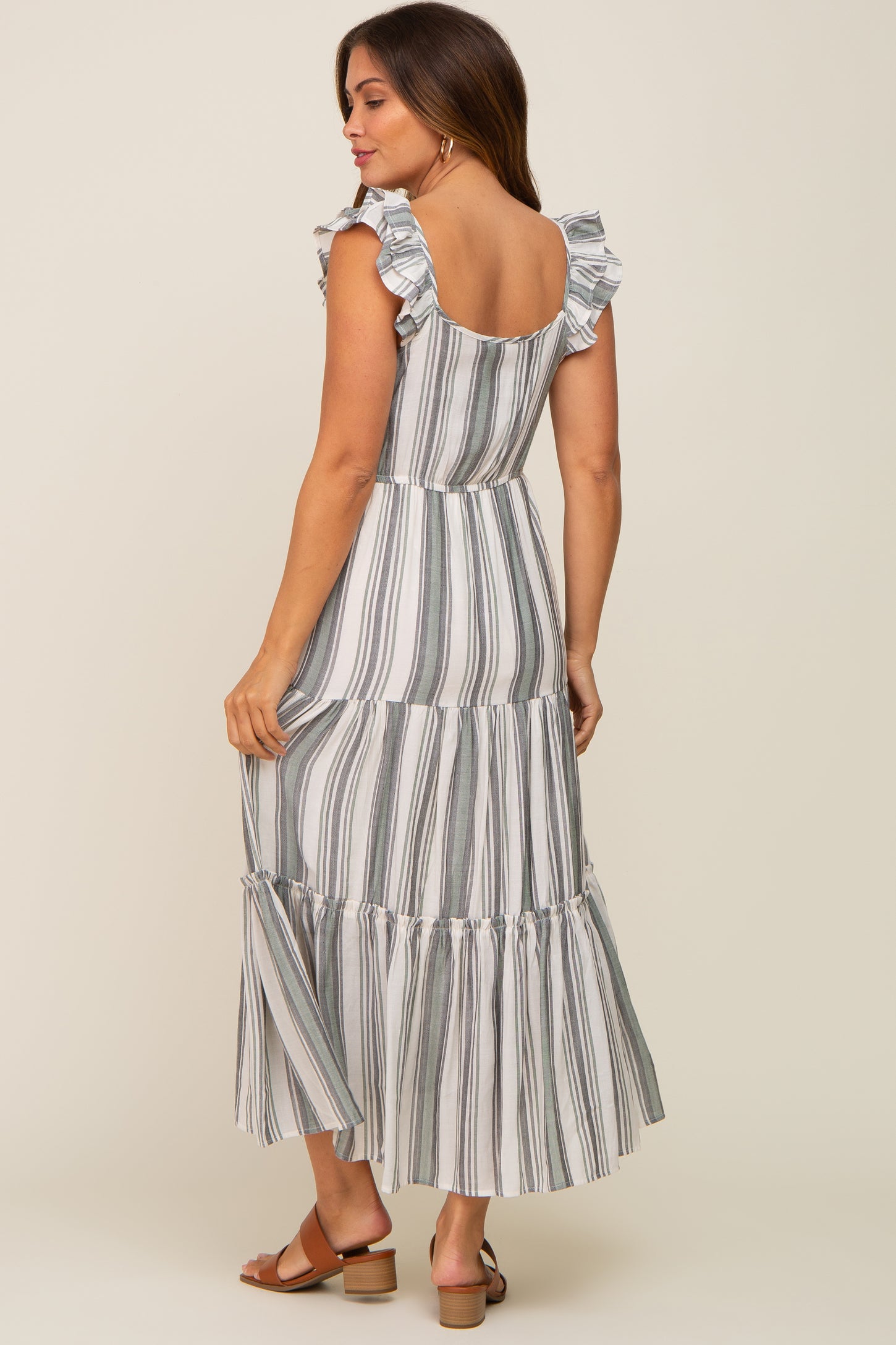 Grey Striped Button Front Tiered Maternity Midi Dress