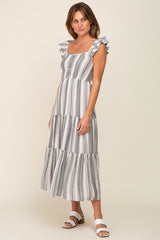 Grey Striped Button Front Tiered Maternity Midi Dress