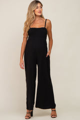 Black Smocked Linen Wide Leg Maternity Jumpsuit