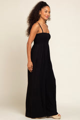 Black Smocked Linen Wide Leg Jumpsuit