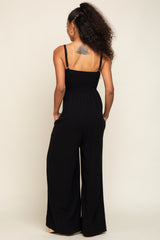 Black Smocked Linen Wide Leg Jumpsuit