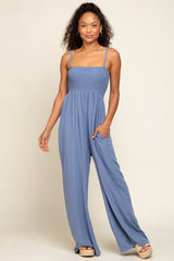 Blue Smocked Linen Wide Leg Jumpsuit