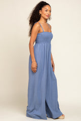 Blue Smocked Linen Wide Leg Jumpsuit