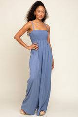 Blue Smocked Linen Wide Leg Jumpsuit