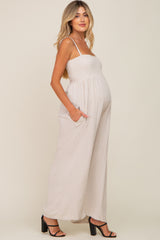 Beige Smocked Linen Wide Leg Maternity Jumpsuit