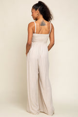 Beige Smocked Linen Wide Leg Jumpsuit