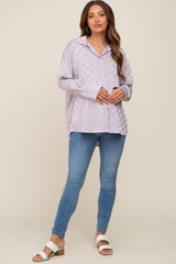 Lavender Checkered Satin Button Up Maternity Top