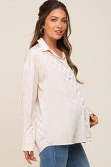 Beige Checkered Satin Button Up Maternity Top