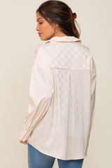 Beige Checkered Satin Button Up Maternity Top