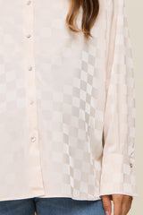 Beige Checkered Satin Button Up Maternity Top