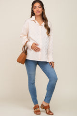 Beige Checkered Satin Button Up Maternity Top