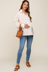 Beige Checkered Satin Button Up Maternity Top