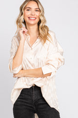 Beige Checkered Satin Button Up Maternity Top