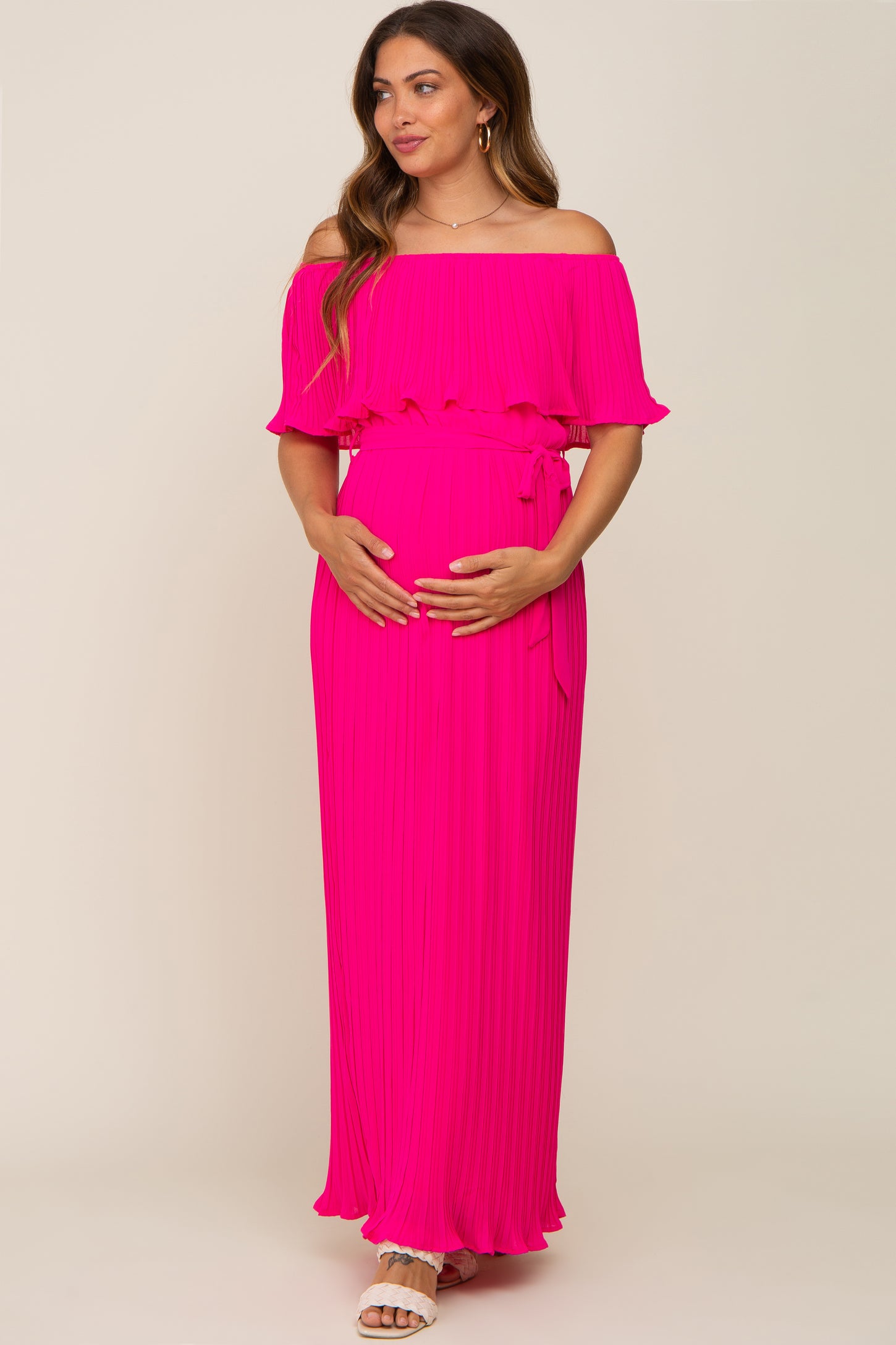 Fuchsia Pleated Off Shoulder Maternity Maxi Dress