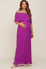 Purple Pleated Off Shoulder Maternity Maxi Dress