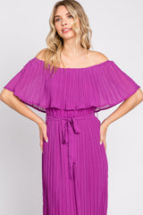 Purple Pleated Off Shoulder Maxi Dress