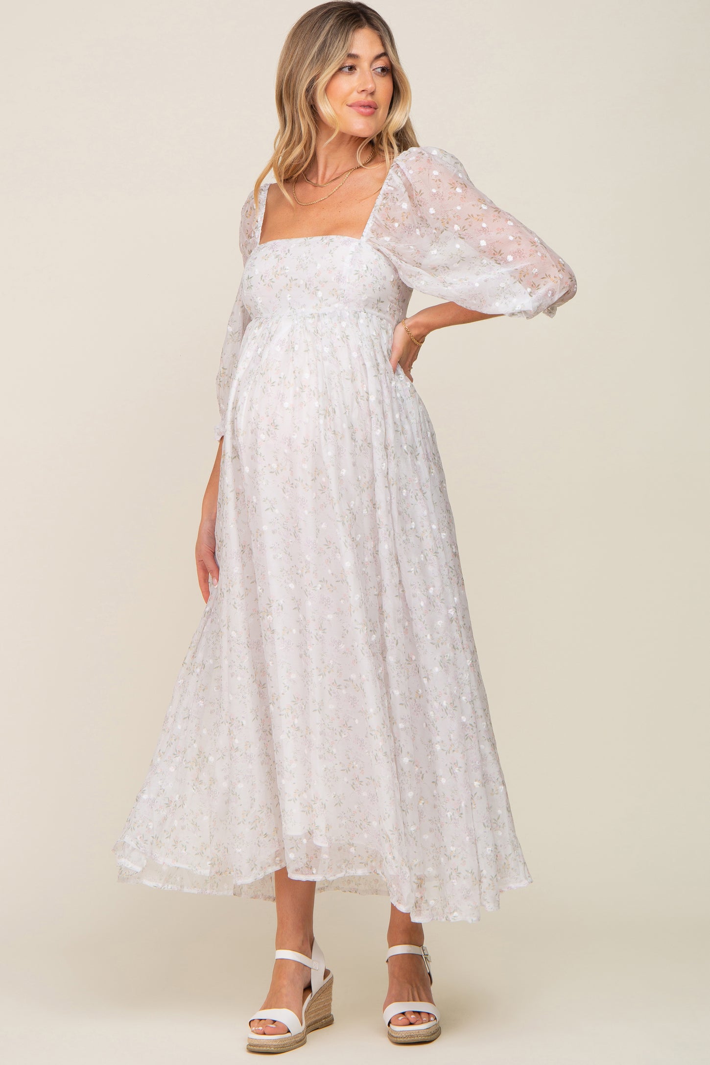 Silver Floral Square Neck Puff Sleeve Organza Maternity Maxi Dress