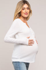 Ivory Rib Knit Button Accent Maternity Long Sleeve Top