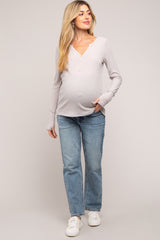 Taupe Rib Knit Button Accent Maternity Long Sleeve Top