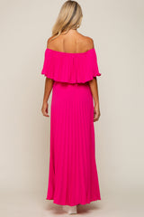 Fuchsia Pleated Off Shoulder Maternity Maxi Dress