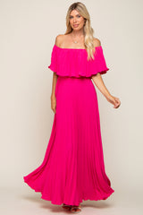 Fuchsia Pleated Off Shoulder Maxi Dress