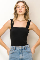 Black Ribbed Ruffle Strap Bodysuit