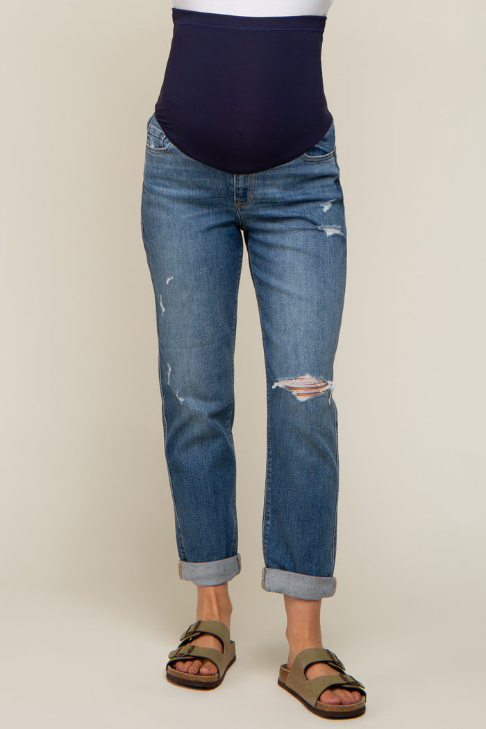 Blue Distressed Rolled Cuff Maternity Straight Leg Jeans