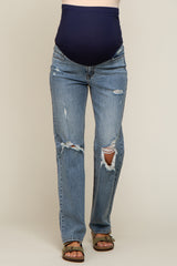 Blue Distressed Straight Maternity Jeans