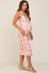 Peach Floral Mesh Ruched Maternity Midi Dress