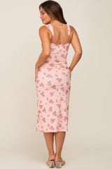 Peach Floral Mesh Ruched Maternity Midi Dress