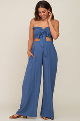 Blue Front Tie Crop Top and Pant Maternity Set